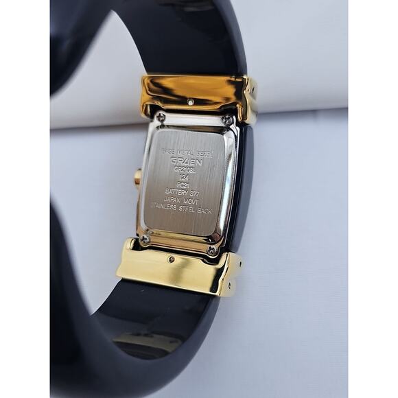 Gruen Womens Wrist Watch Black Hard Bracelet Band Gold Details White Face Quartz - Picture 4 of 7